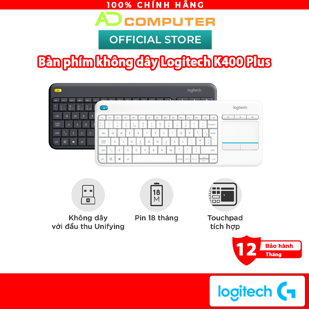 Bàn phím không dây Logitech K400 Plus, có touchpad để kết nối PC - TV, Laptop/Tablets