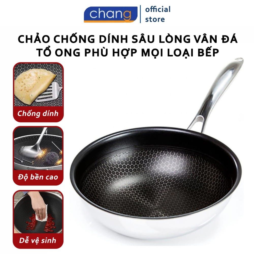 Chảo Chống Dính Sâu Lòng Vân Đá Tổ Ong Dùng Được Cho Mọi Loại Bếp Chất Liệu Inox 3 Lớp Tiện Dụng Cao Cấp