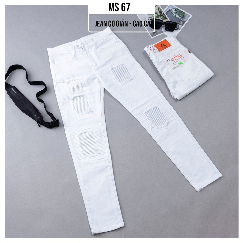 Quần jean nam dài trắng rách vá da cao cấp - chất denim co giãn nhẹ - TUẤN KIỆT Store 8888 Ms100