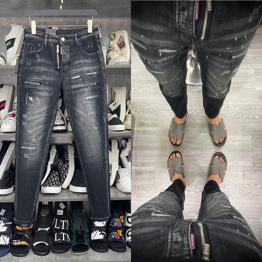 Quần jean bò nam Dsq2 biker slimfit khoá lệch đen mài rách cào xước vảy sơn 4 cúc dáng đơn giản