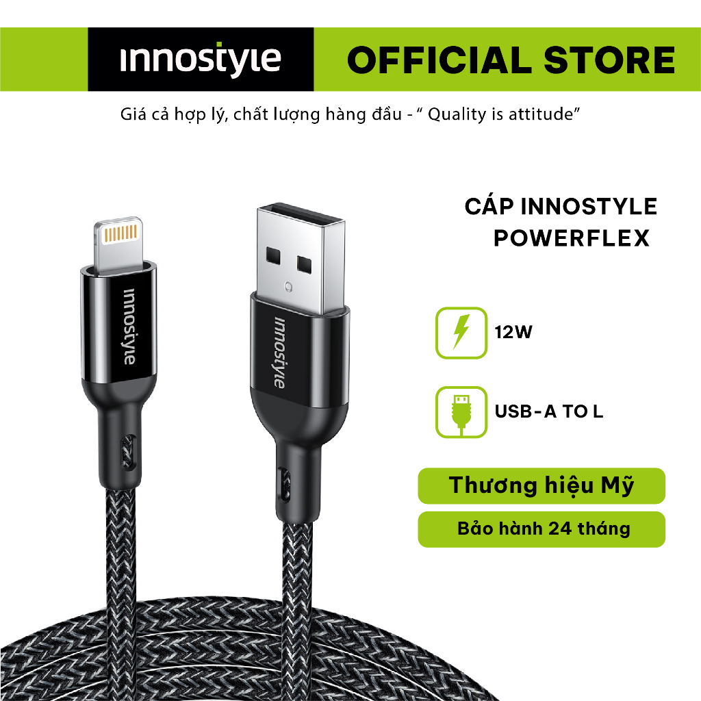 Cáp sạc Innostyle Powerflex Usb-A to L cho iPhone - Sạc nhanh, bền bỉ, hàng chính hãng