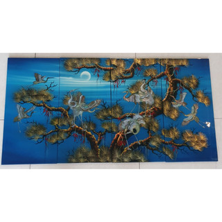 Tranh sơn mài 4 tấm Tùng Hạc vẽ kết hợp cẩn ốc hàng xuất khẩu 50x80 cm trang trí nhà cửa, quà tặng tân gia, khai trương