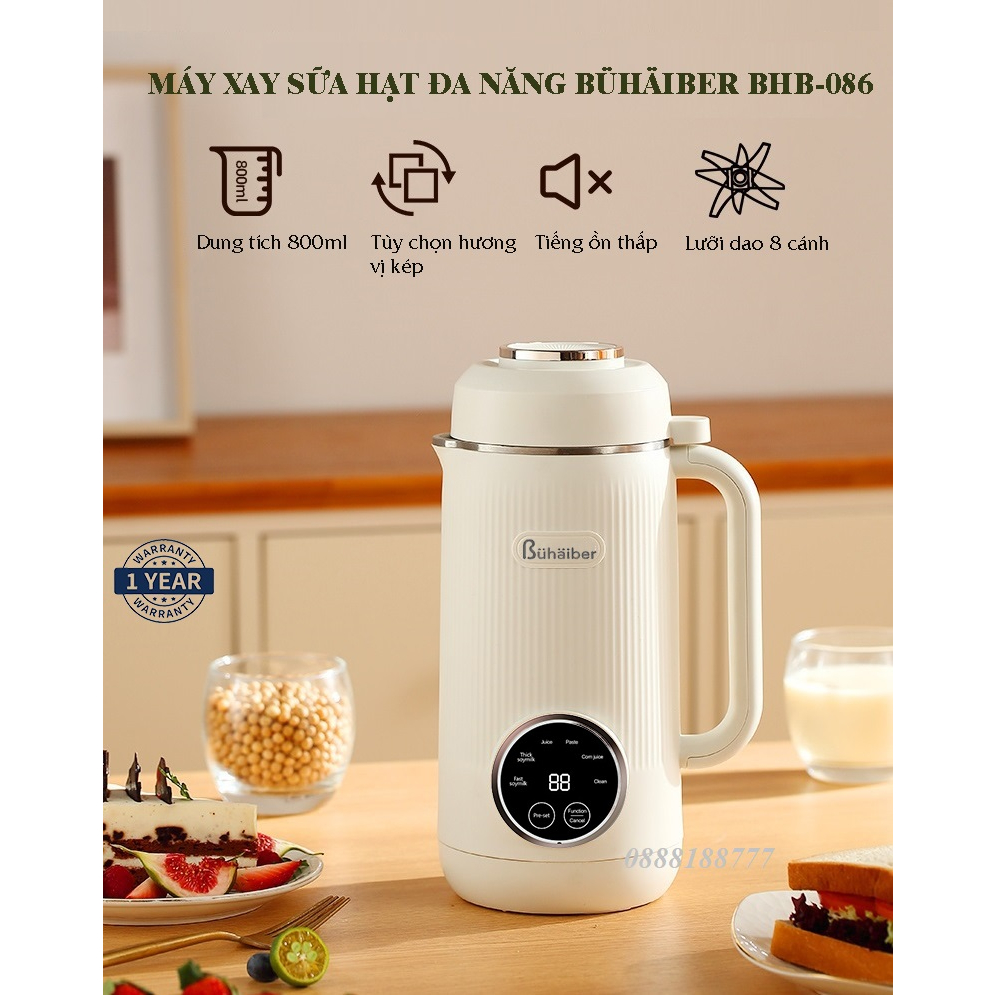 Máy Làm Sữa Hạt Đa Năng Bühäiber BHB086, Dung tích 800ml, Vận Hành Êm Ái, Hàng Chính Hãng