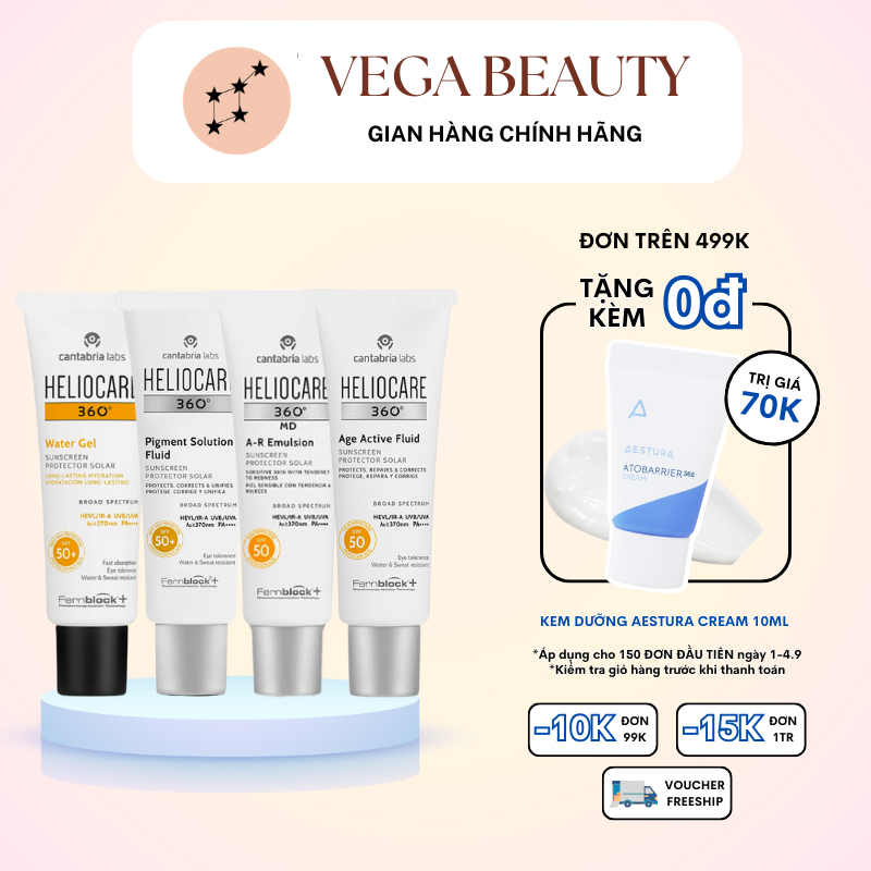 Kem chống nắng Heliocare Water Gel, Pigment Solution, AR Emulsion, Age Active 50ml ráo mịn chống nắng tốt