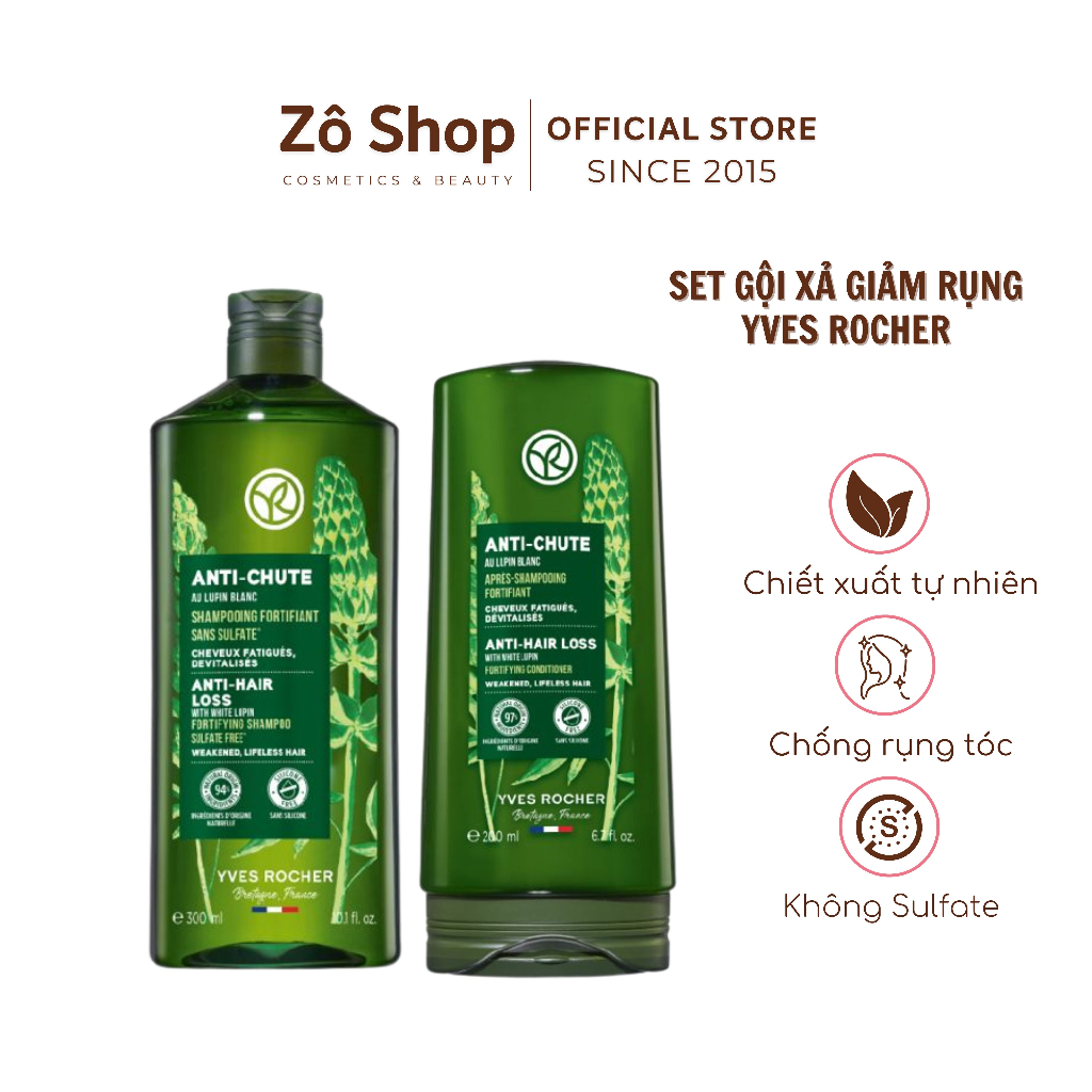Set Gội Xả Giảm Rụng Yves Rocher Anti Hair Loss With White Lupin Fortifying Shampoo Sulfate Free