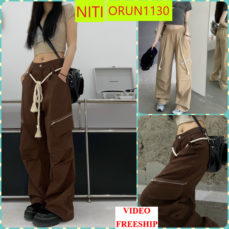 QUẦN KAKI ỐNG RỘNG NỮ LƯNG THUN DÂY THỪNG 2 TÚI HỘP HÔNG KHÓA KÉO XÉO MÀU NÂU KEM THỜI THƯỢNG SIÊU ĐỈNH CAO