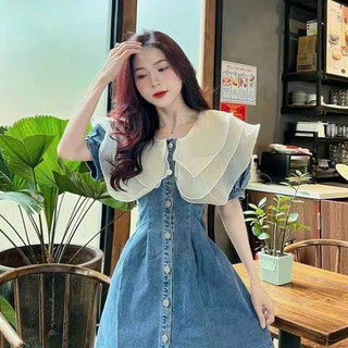 Đầm Váy Nữ Thiết Kế Dự Tiệc Chất Jean Chuẩn Form Cổ Kiểu Phối Bèo Tầng Phối Lụa Đính Nút Cài Dáng Ngắn Xòe Xinh Xắn