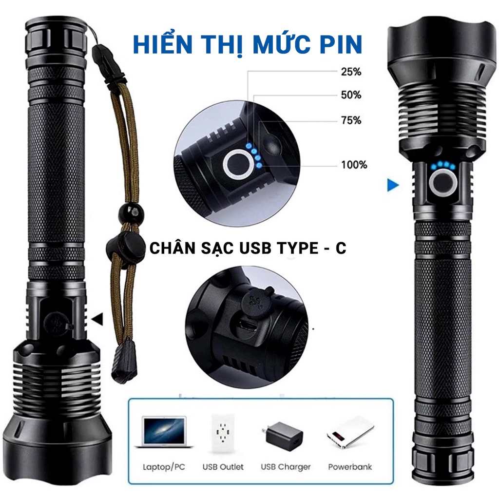 Đèn Pin Siêu Sáng Cầm Tay P70 – KAW Chiếu Xa Lên Đến 200-300m Chip XHP70 Chất Liệu Hợp Kim Nhôm Chắc Chắn