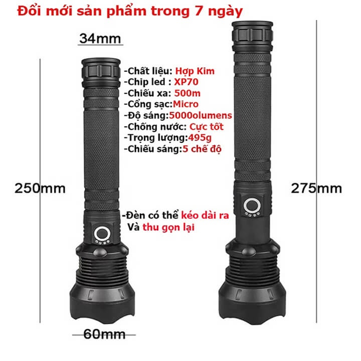 Đèn Pin Siêu Sáng Cầm Tay P70 – KAW Chiếu Xa Lên Đến 200-300m Chip XHP70 Chất Liệu Hợp Kim Nhôm Chắc Chắn