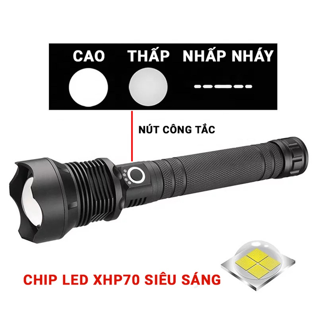 Đèn Pin Siêu Sáng Cầm Tay P70 – KAW Chiếu Xa Lên Đến 200-300m Chip XHP70 Chất Liệu Hợp Kim Nhôm Chắc Chắn