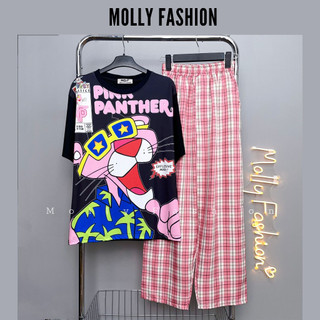 Set đồ nữ quần dài BỘ CARO KATE BÁO HỒNG ❤️ Đồ bộ hoạt hình form rộng Freesize Molly Fashion