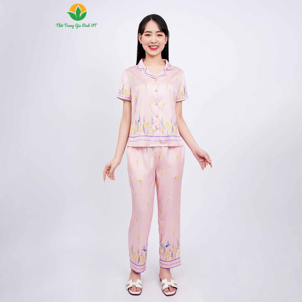 Đồ bộ mặc nhà nữ chất Lụa thời trang Việt Thắng, quần dài, áo cộc tay - B48.2302