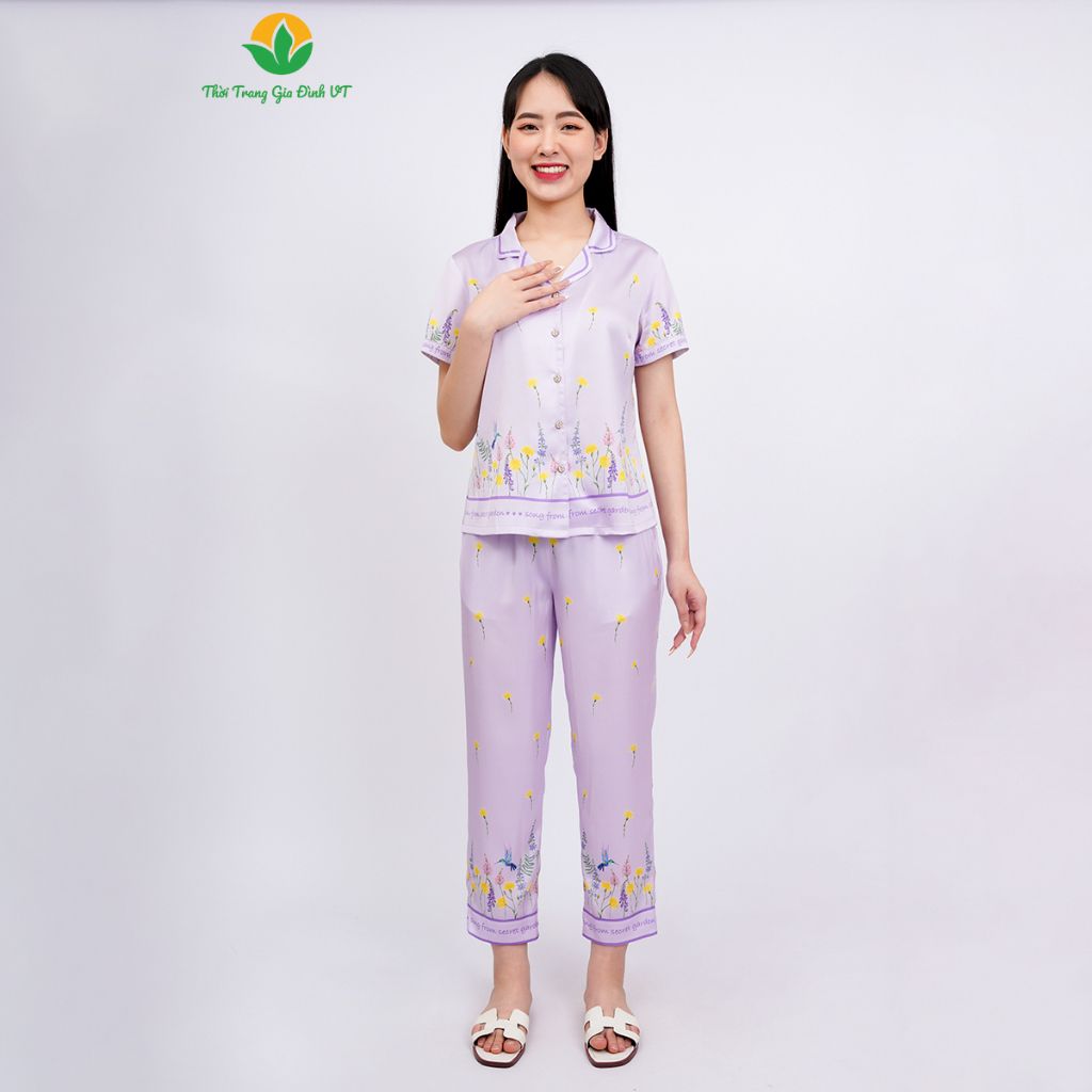 Đồ bộ mặc nhà nữ chất Lụa thời trang Việt Thắng, quần dài, áo cộc tay - B48.2302