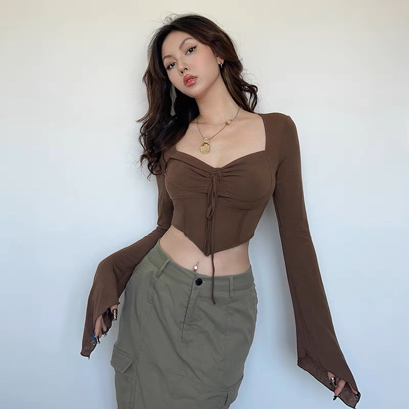 Áo crotop rút ngực dài tay vạt chéo ôm eo tôn dáng chất thun tăm có bigsize