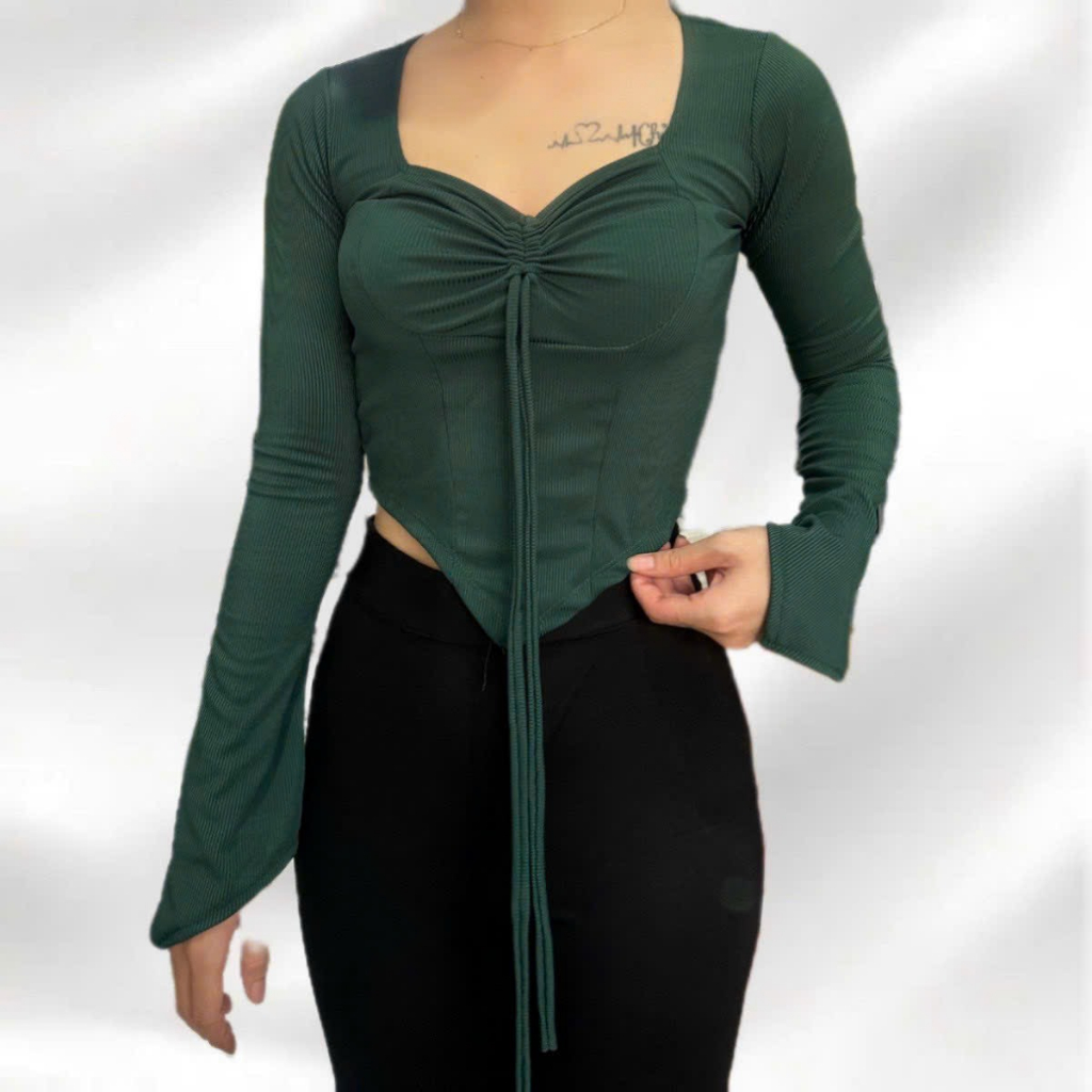 Áo crotop rút ngực dài tay vạt chéo ôm eo tôn dáng chất thun tăm có bigsize