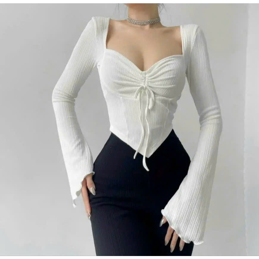 Áo crotop rút ngực dài tay vạt chéo ôm eo tôn dáng chất thun tăm có bigsize