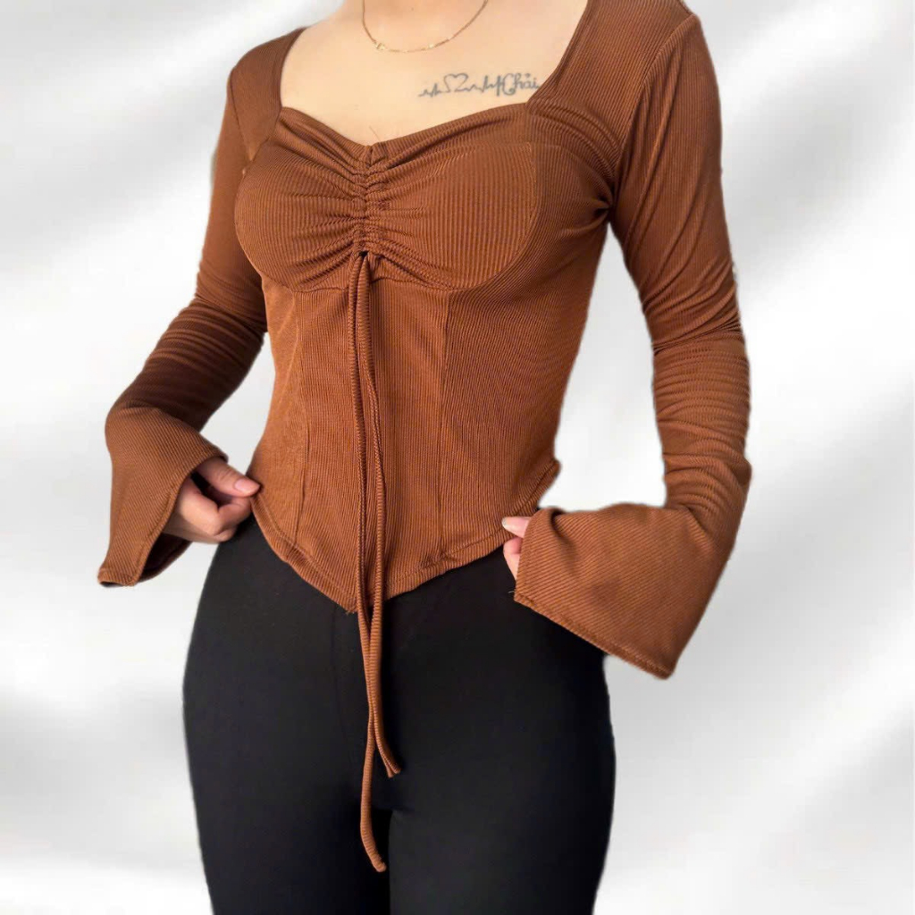 Áo crotop rút ngực dài tay vạt chéo ôm eo tôn dáng chất thun tăm có bigsize