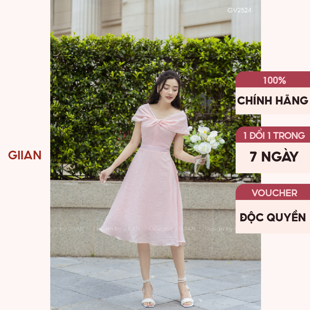 Váy trễ vai dáng dài phối tay bồng tiểu thư chất liệu tơ mềm thiết kế chính hãng Giian - GV2524