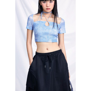 Áo croptop ngắn tay hoạ tiết màu nhuộm phối dây cá tinh | Shiny Top | Secodee