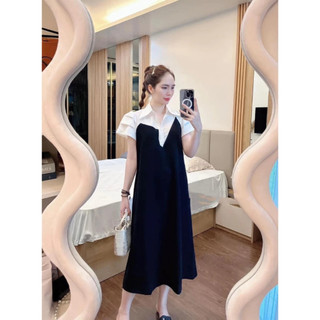 Váy sơ mi trắng cộc tay phối thân màu đen, đầm suông bầu bí phom rộng màu đen phối cổ trắng xinh xỉu