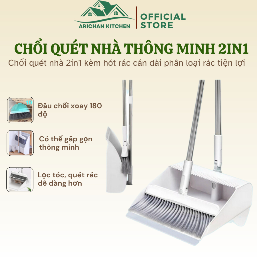 Chổi quét nhà thông minh gấp gọn xoay 360 độ, kèm hót rác cán dài phân loại rác tiện dụng, chất liệu cao cấp chắc chắn