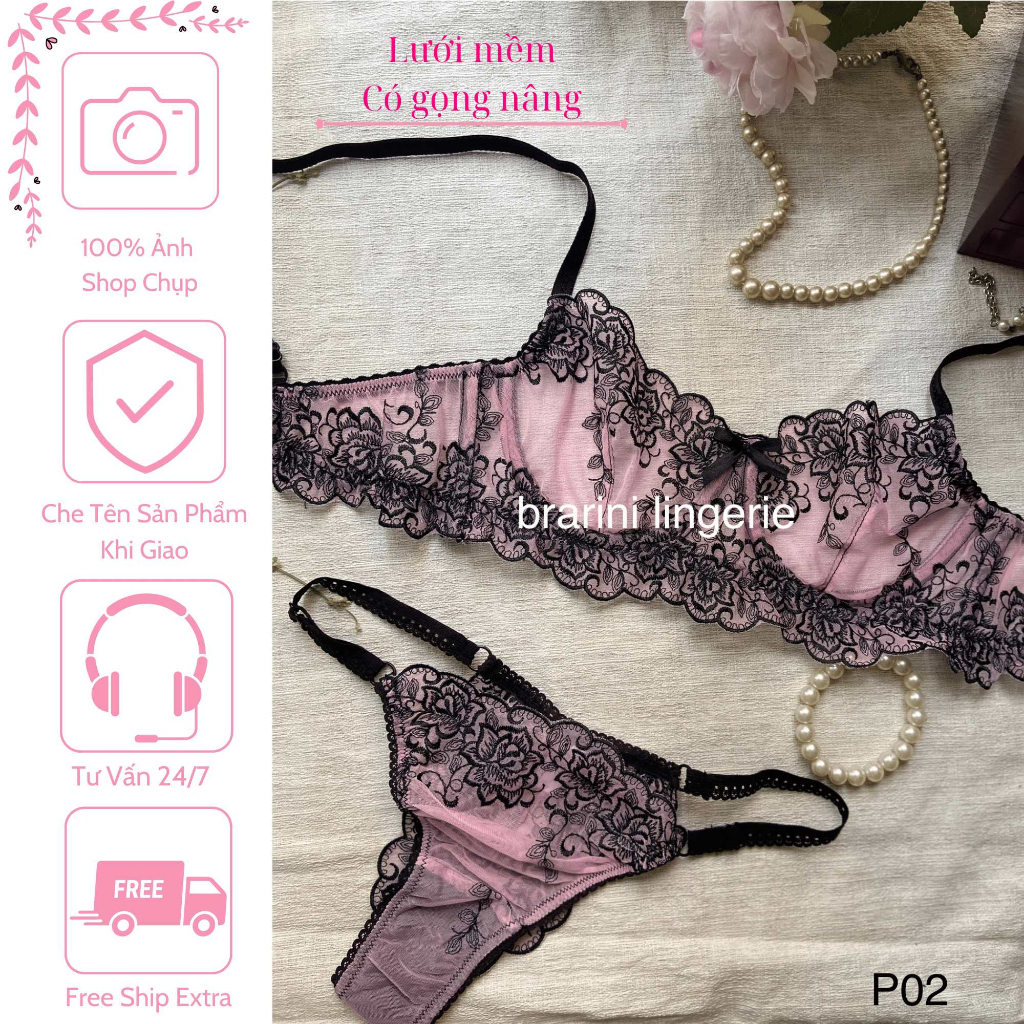 P02 Bộ Đồ Lót Nữ Sexy Ren Màu Hồng Đen Gồm Áo Có Gọng Và Quần Lót Lọt Khe Gợi Cảm ( Có Che Tên SP Khi Giao )