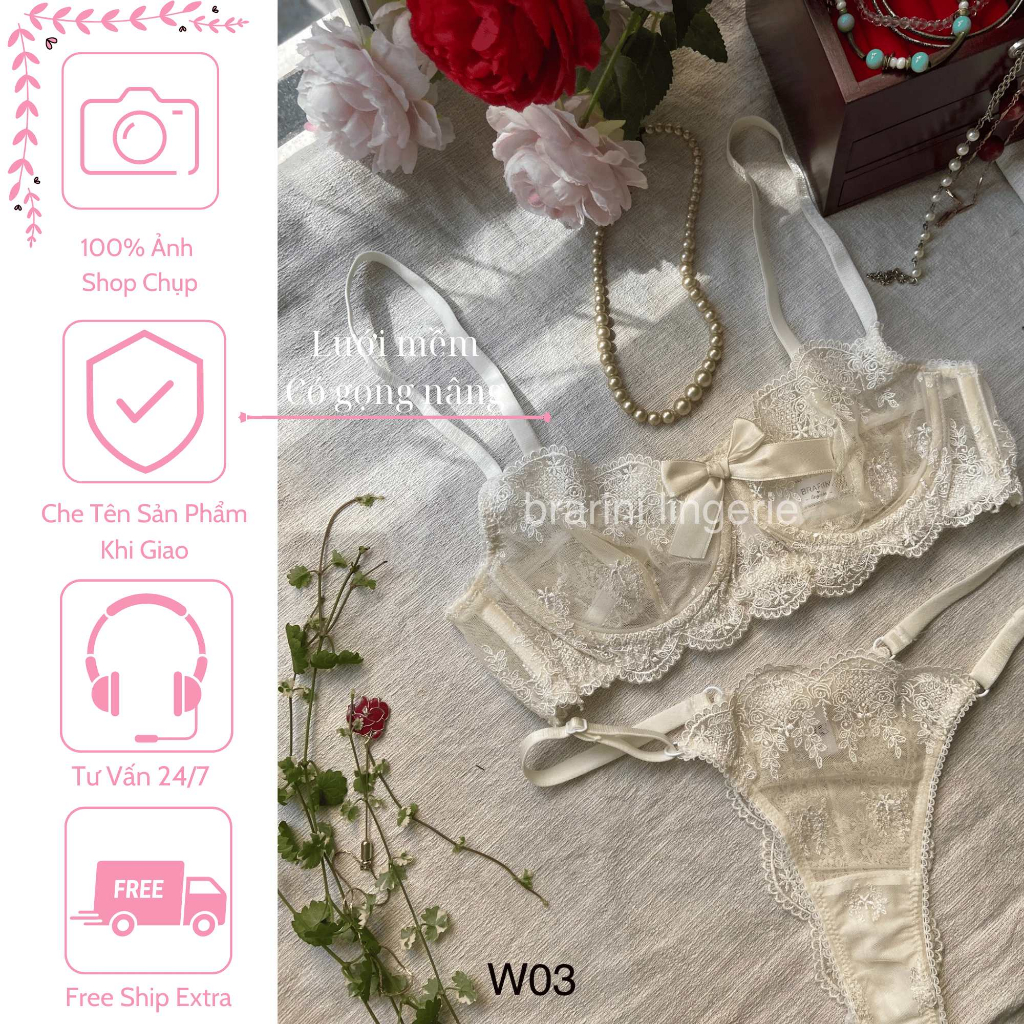 W03 Bộ Đồ Lót Nữ Sexy Ren Màu Trắng Kem Tiểu Thư Vintage Gồm Áo Có Gọng Và Quần Lót Lọt Khe Gợi Cảm(Che Tên SP Khi Giao)