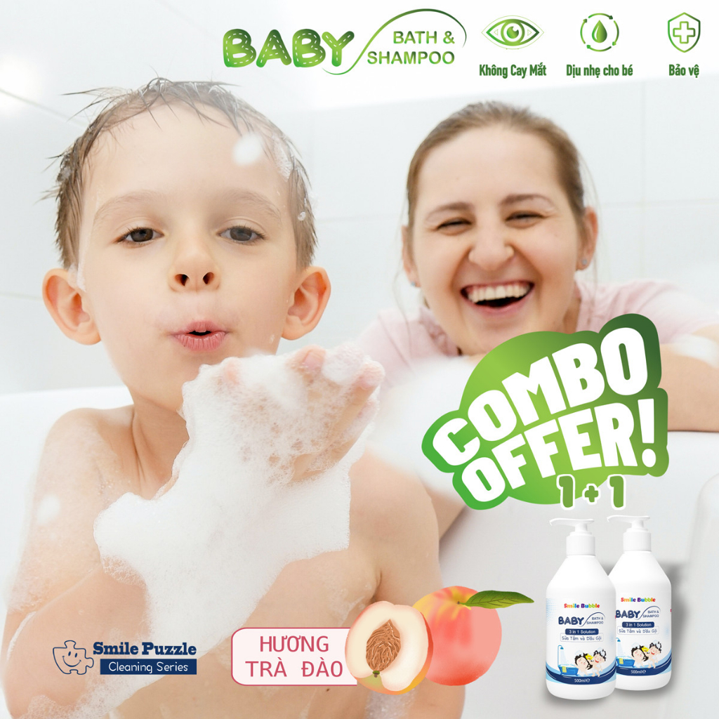 COMBO 2 Chai Sữa Tắm Gội 500ml Cho Bé Dưỡng Ẩm Không Cay Mắt 3in1 Hương Đào Thơm Mát Smile Bubble