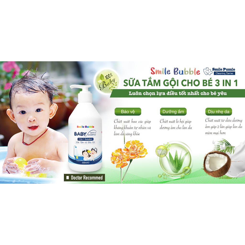 COMBO 2 Chai Sữa Tắm Gội 500ml Cho Bé Dưỡng Ẩm Không Cay Mắt 3in1 Hương Đào Thơm Mát Smile Bubble