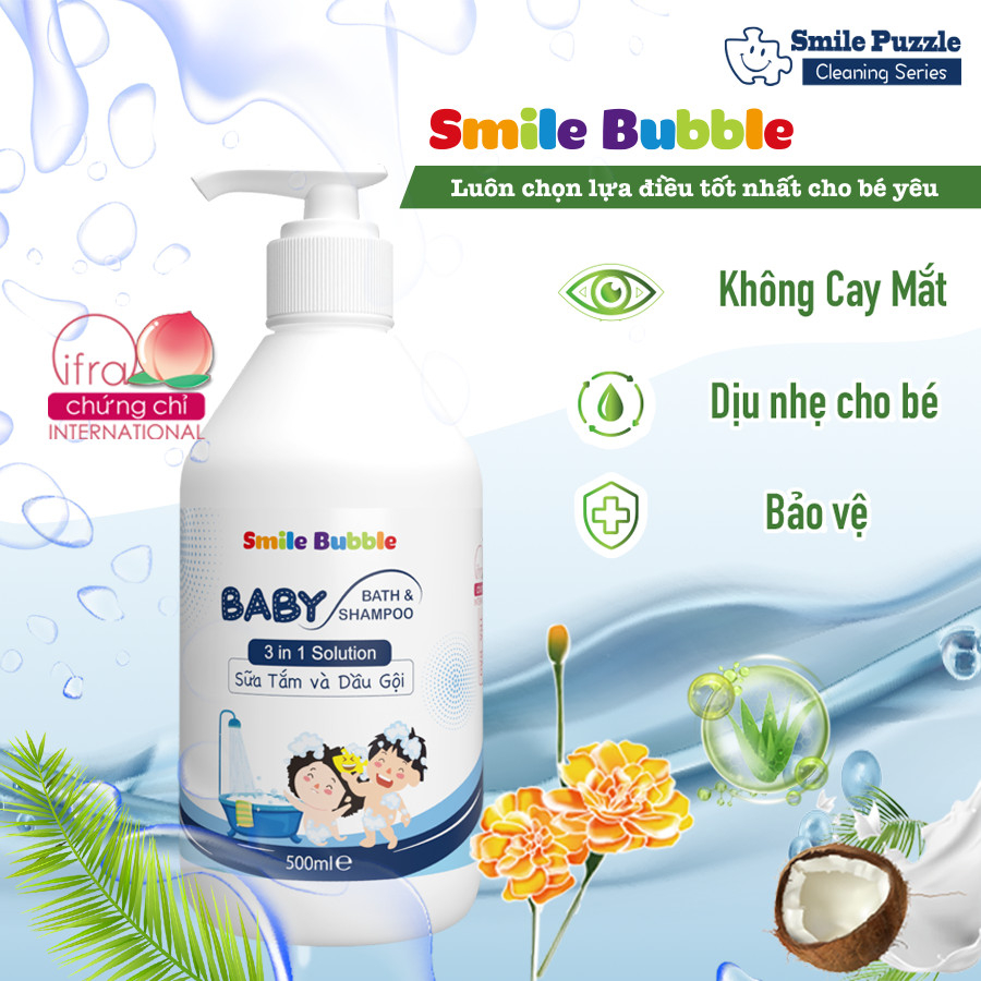 COMBO 2 Chai Sữa Tắm Gội 500ml Cho Bé Dưỡng Ẩm Không Cay Mắt 3in1 Hương Đào Thơm Mát Smile Bubble