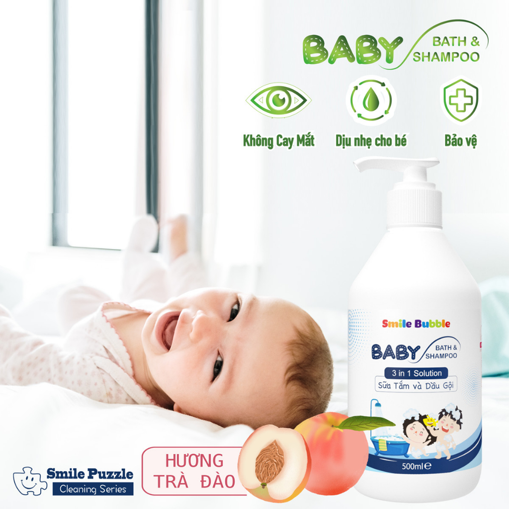 COMBO 2 Chai Sữa Tắm Gội 500ml Cho Bé Dưỡng Ẩm Không Cay Mắt 3in1 Hương Đào Thơm Mát Smile Bubble