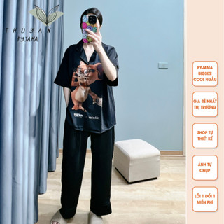 Bộ Pijama Bigsize hình chuột đeo kính cộc dài mặc nhà chất lụa Mango ko nhăn dành cho nữ có size từ 40kg đến 90kg