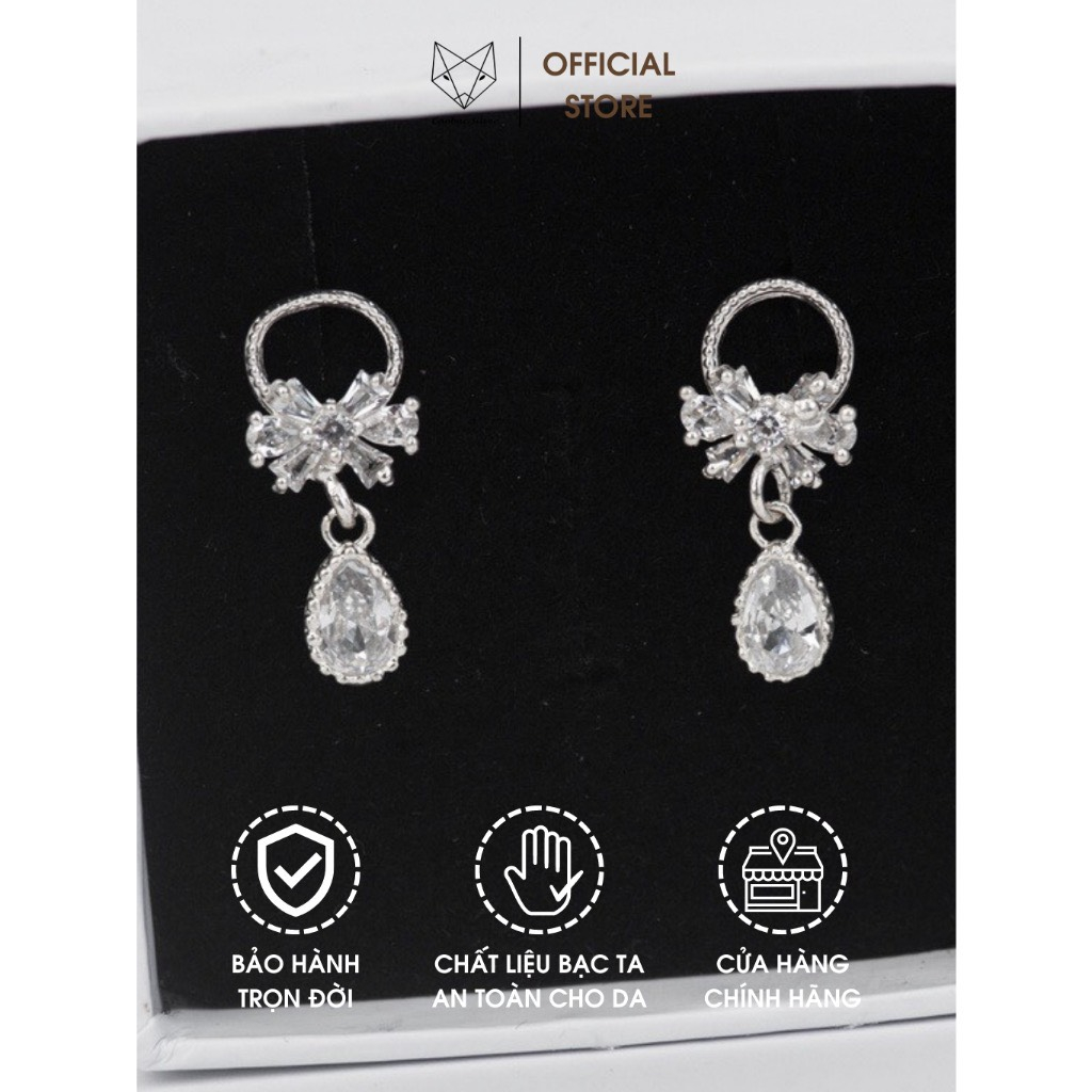 Khuyên Tai Bạc Ta Nữ CaoBac Silver Hình Nơ Thiết Kế Giọt Đá Rơi Lấp Lánh, Dễ Thương Xinh Xắn Dành Cho Bạn Gái