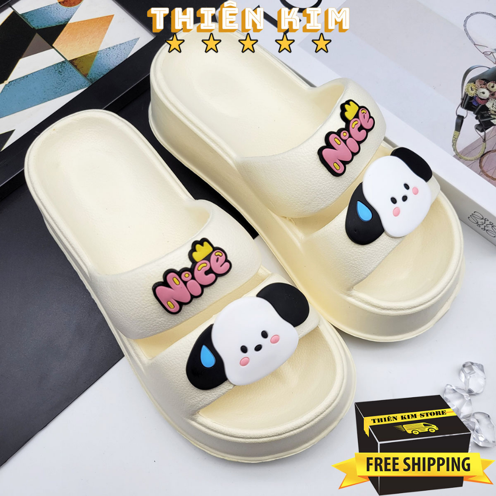 Dép bánh mì quai ngang đế cao 7cm cho nữ chất cao su EVA mềm 2 quai hình cún tai dài siêu đẹp D7778