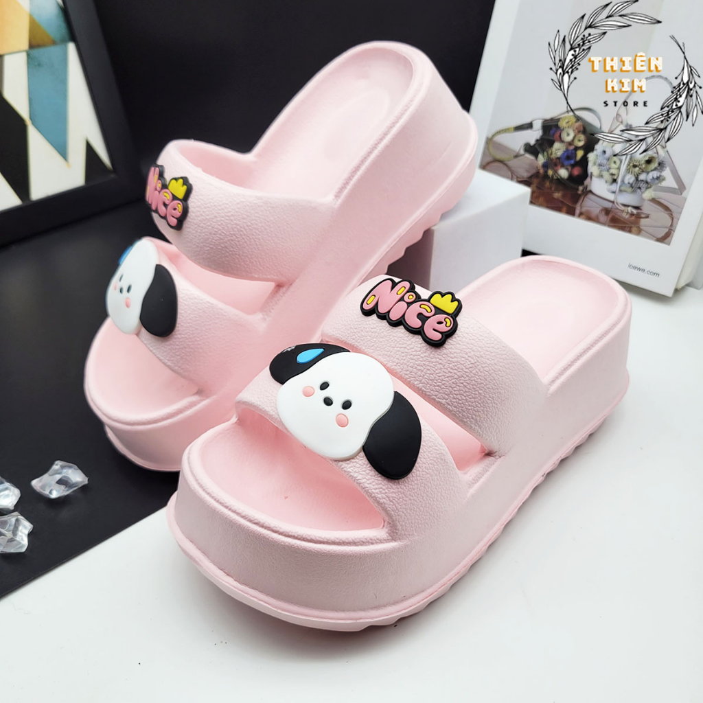 Dép bánh mì quai ngang đế cao 7cm cho nữ chất cao su EVA mềm 2 quai hình cún tai dài siêu đẹp D7778