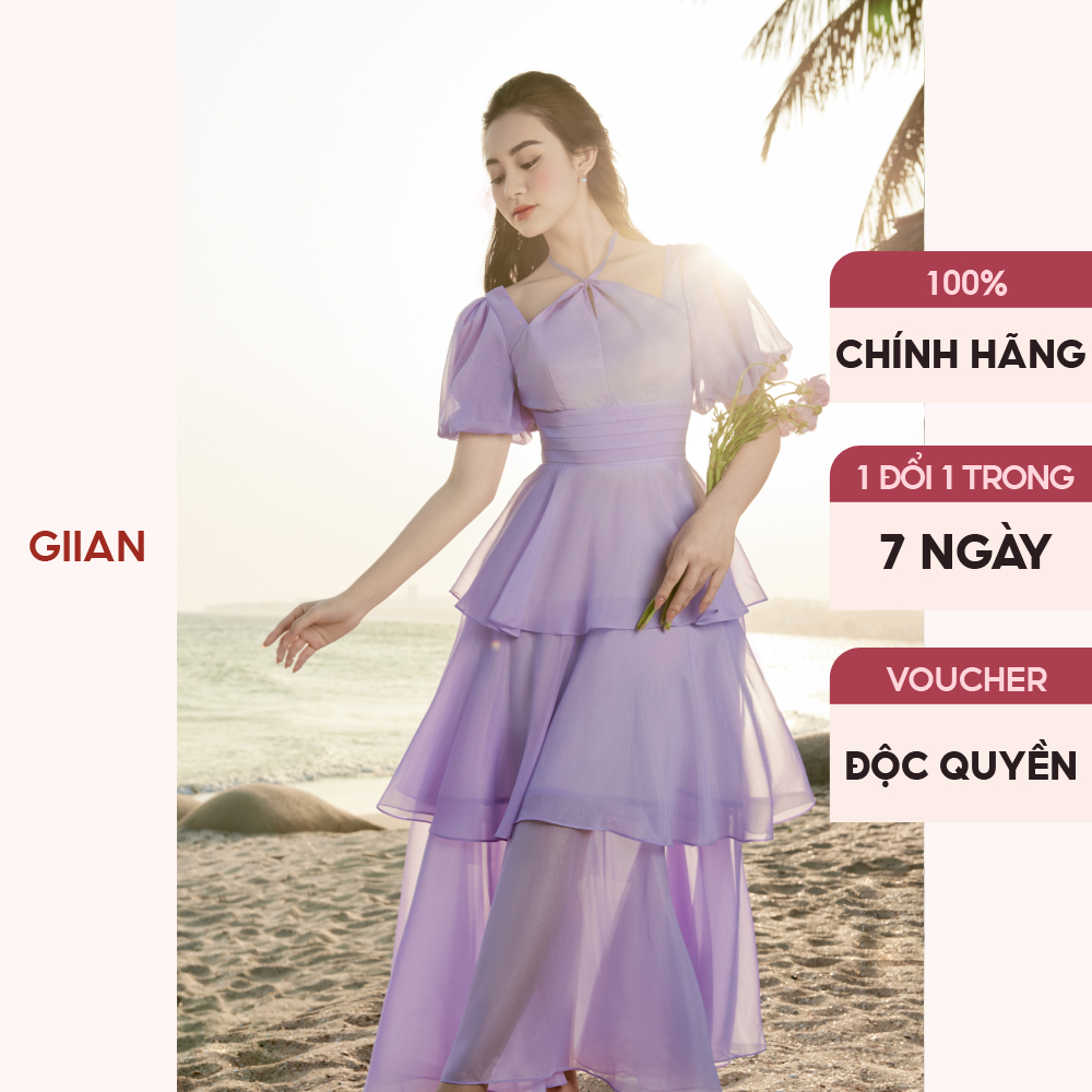 Váy đi biển dáng dài maxi tay bồng thiết kế xếp 3 tầng phối cổ yếm chính hãng Giian - VA0176