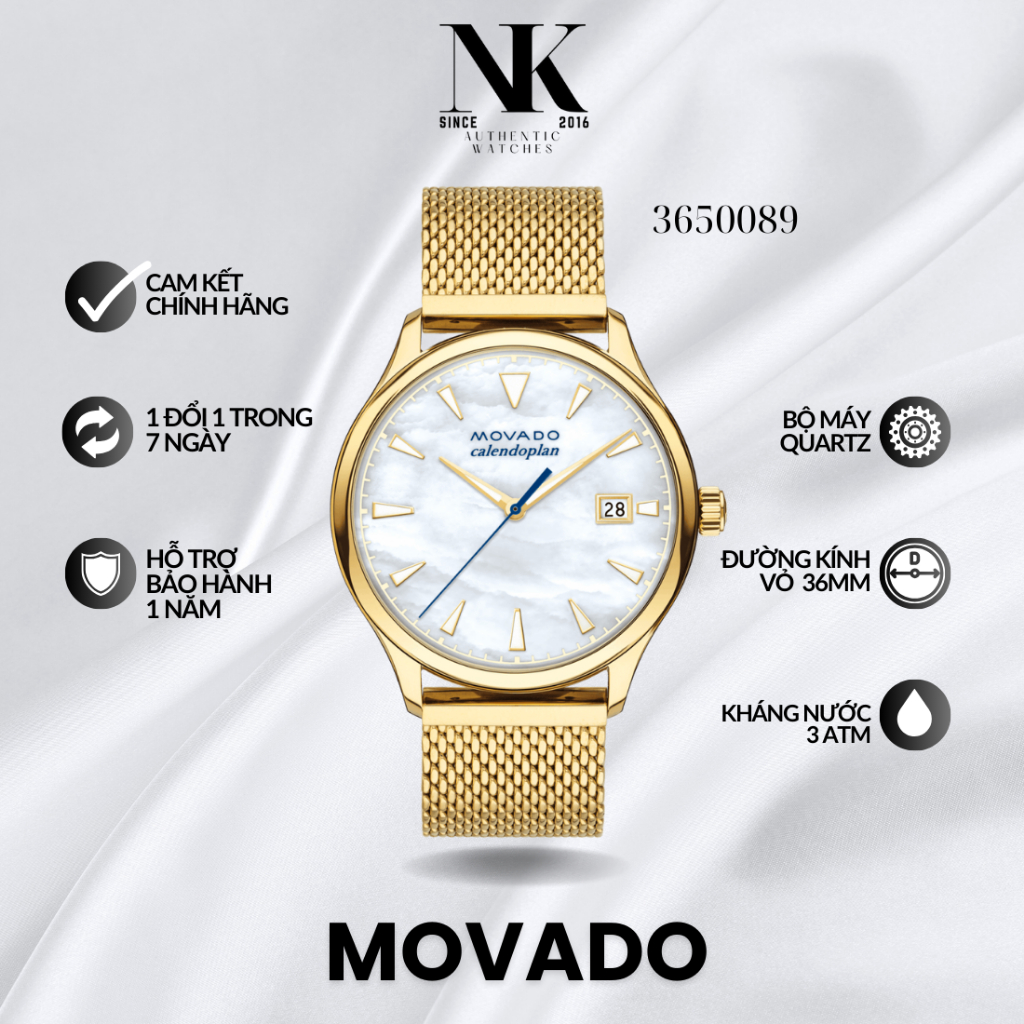 Đồng hồ nữ MOVADO 3650089 36mm mặt xà cừ, vỏ vàng, dây lưới kim loại cao cấp