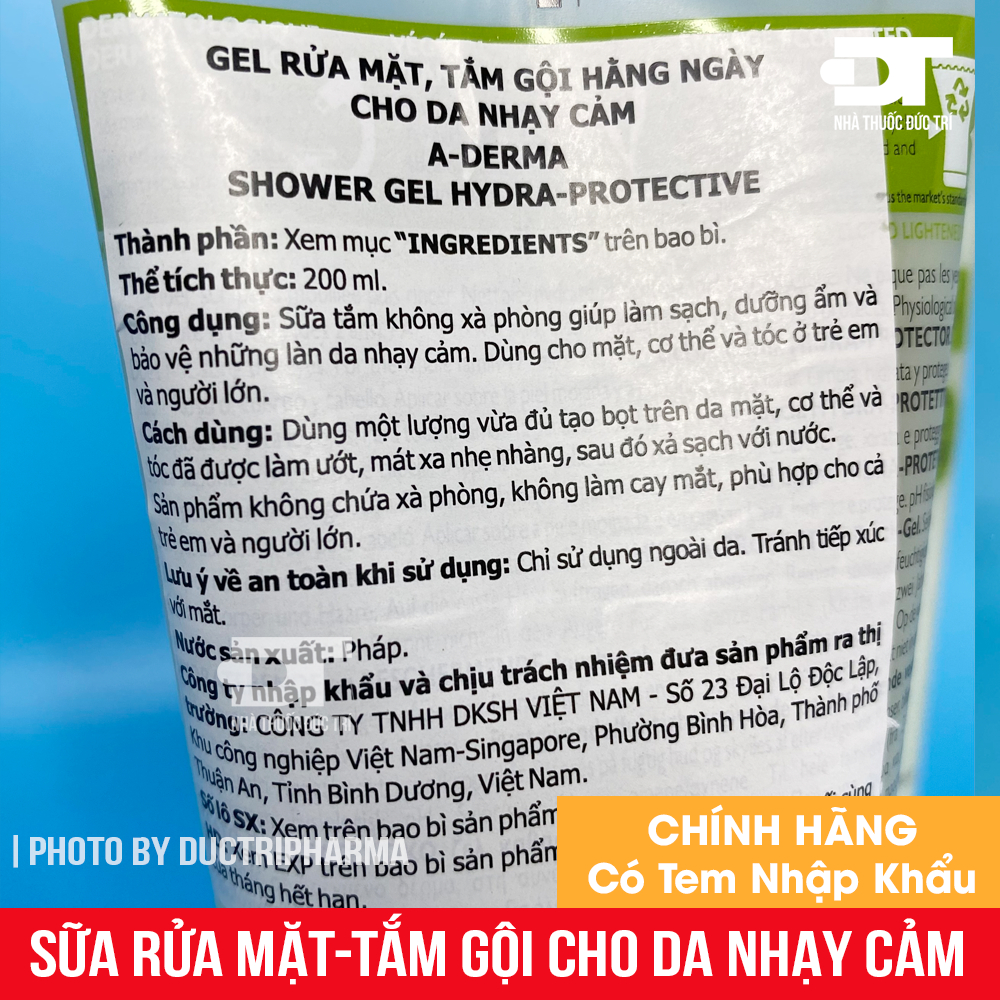 Gel rửa mặt, tắm gội hàng ngày cho da mỏng manh A-DERMA SHOWER GEL HYDRO-PROTECTIVE ADERMA