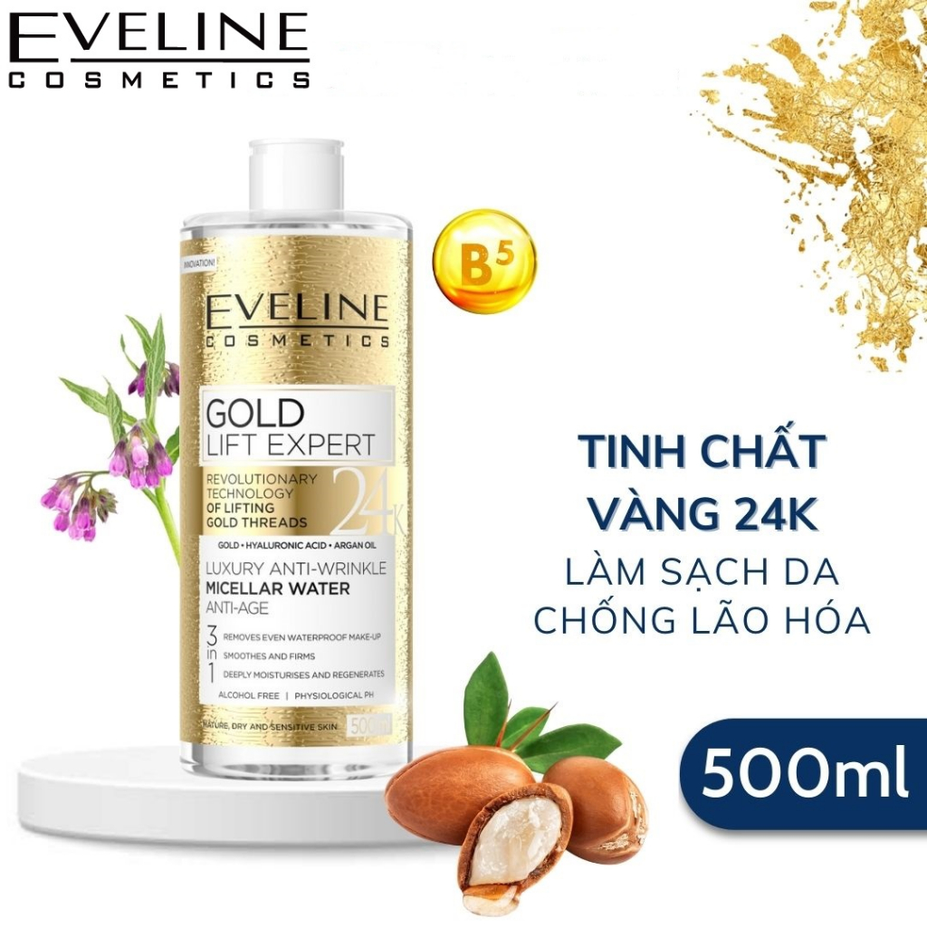 Nước tẩy trang Eveline Gold Lift Expert chống nhăn da 3 trong 1 - chai 500 ML