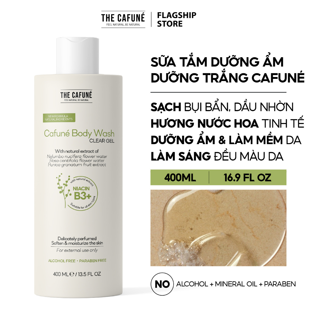 Sữa tắm Cafuné Body Wash Clear Gel The Cafuné Dưỡng Ẩm, Dưỡng Trắng Hương Nước Hoa 400ml - Vegan society