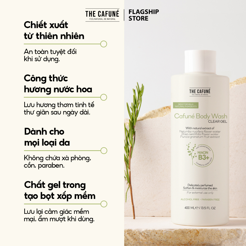 Sữa tắm Cafuné Body Wash Clear Gel The Cafuné Dưỡng Ẩm, Dưỡng Trắng Hương Nước Hoa 400ml - Vegan society