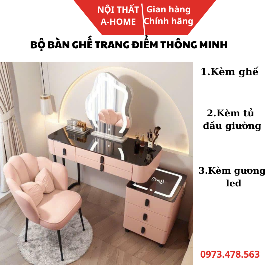 Bộ bàn trang điểm Bắc Âu có tủ đầu giường thông minh có sạc không dây-loa nghe nhạc