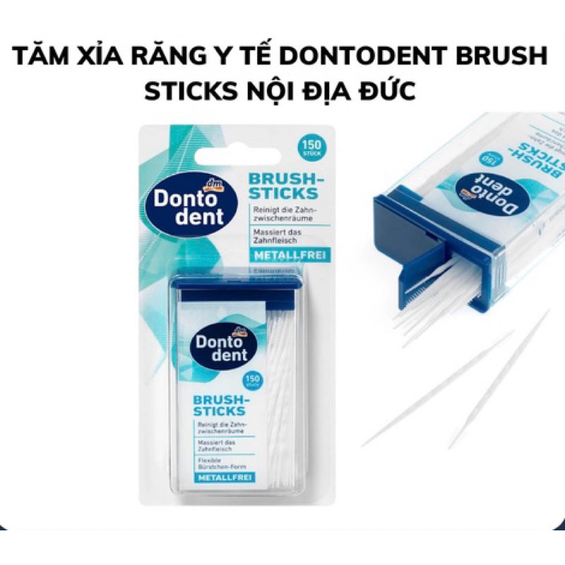 Tăm nha khoa Dontodent hộp nhựa 150 chiếc 2 đầu tiện dụng, brush sticks cho trẻ em, người lớn, niềng răng