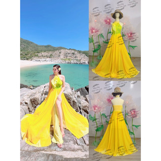 (miễn phí chỉnh váy) đầm maxi màu loang ombre xanh bơ yếm xẻ tà đi biển du lịch chụp ảnh sống ảo thiết kế cao cấp