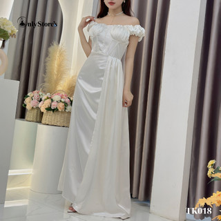 TK018 Đầm lụa trể vai đi tiệc xẻ tà