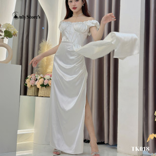 TK018 Đầm lụa trể vai đi tiệc xẻ tà