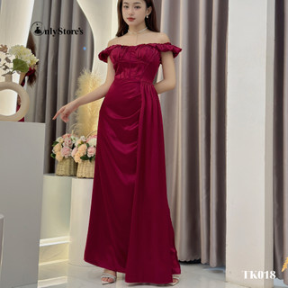 TK018 Đầm lụa trể vai đi tiệc xẻ tà