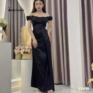 TK018 Đầm lụa trể vai đi tiệc xẻ tà
