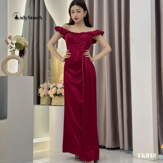 TK018 Đầm lụa trể vai đi tiệc xẻ tà