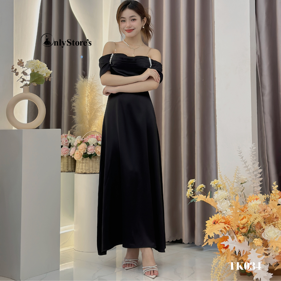 TK034 Đầm lụa trể vai dáng xòe kèm ngọc